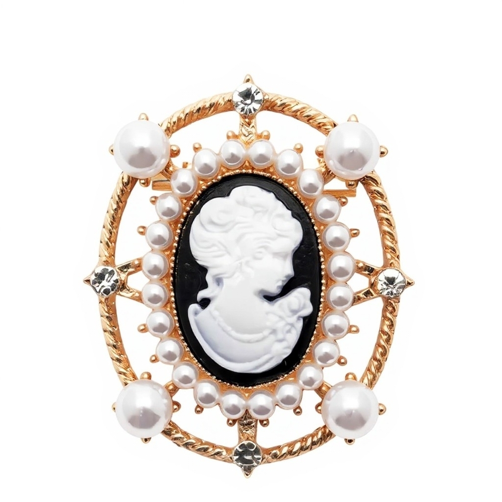 Gold-Tone Black‎ & White Cameo Pearl Style Brooch